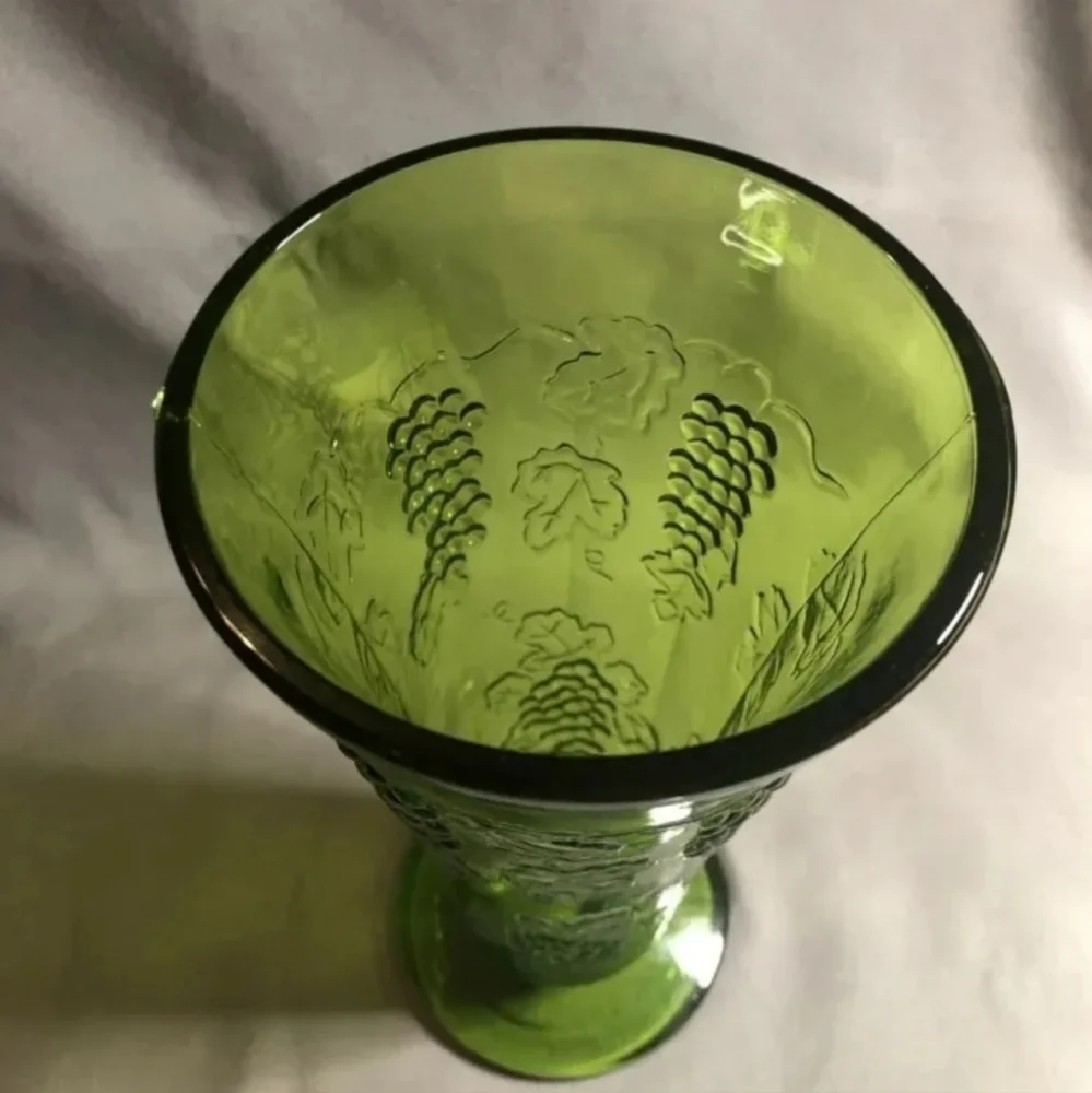 Vintage Indiana Glass Green Tall Vase with Raised Grape Pattern